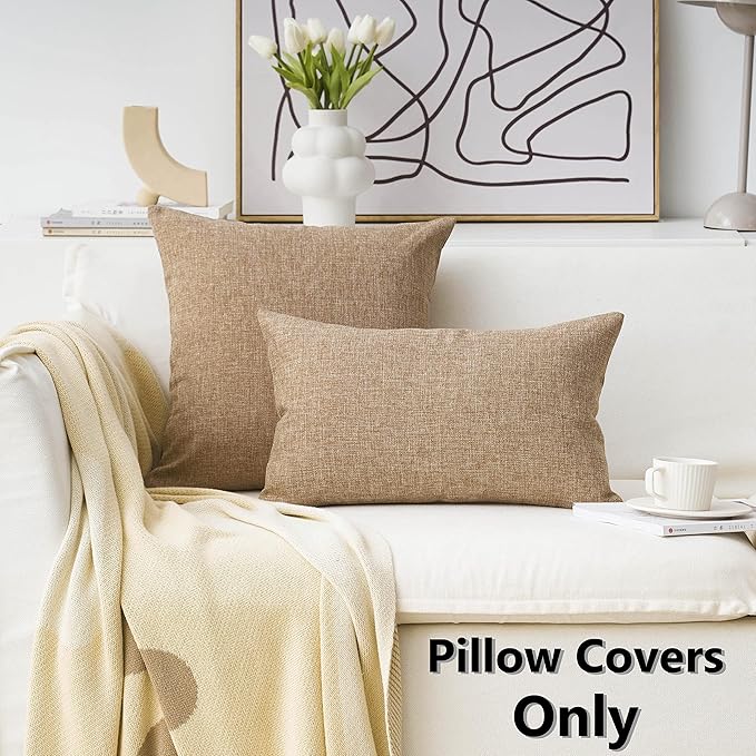 Home Brilliant Linen Throw Pillow Covers 18x18 Burlap Decorative Pillow Covers Farmhouse Throw Pillows for Couch Bench Sofa, Set of 2, 18 x 18 inch, Natural Linen