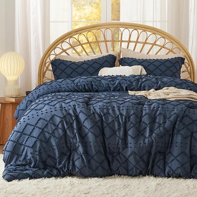 Bedsure Oversized King Comforter Set - Navy Blue Comforter, Boho Tufted Shabby Chic Bedding, 3 Pieces Vintage Farmhouse Bed Set for All Seasons, Fluffy Soft Bedding with 2 Pillow Shams