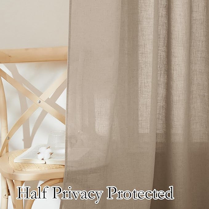 RYB HOME Khaki Linen Curtains 95 inches, Rod Pocket Linen Blend Boho Farmhosue Elegant Light Filtering Privacy Protected Panels for Dining Room, 52" W, 2 Panels