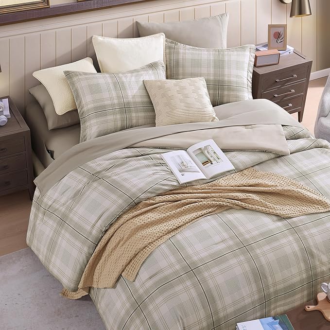 Twin XL Comforter Set, Khaki Green Plaid Bedding Set 5 Piece for Boys Girls Teen, Classic Homestead-Style Kids Comforter Set Bed in A Bag with Sheets, Pillowcase & Sham