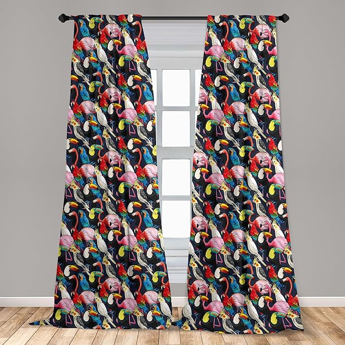 Ambesonne Animal 2 Panel Curtain Set, Colorful Exotic Birds Cockatoo Flamingo Macaw Parrot Toucan Tropic Wildlife Art, Window Treatment Living Room Bedroom Decor, Pair of - 28" x 63", Red Grey