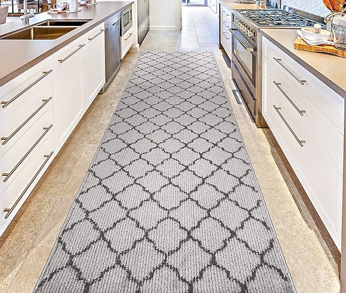 Custom Size Modern Runner Rug Carpet for Hallway Entryway Foyer Kitchen, Slip Resistant Latex Rubber Backed 31 inch Wide X Customized Length, Trellis Grey, 31 inch X 6 feet