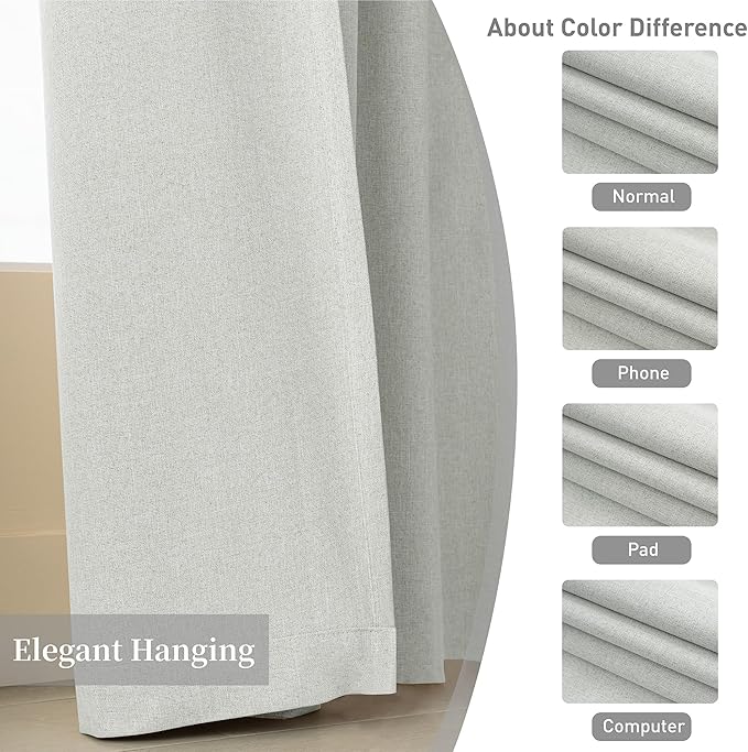 KangBang 108 Inch Linen Blackout Curtains for Sliding Patio Door, Back Tab Loop Pocket Light Blocking Draperies for Cottage High Ceiling, Neutral Minimalist Style(72x108, Greyish White,2 PCs)