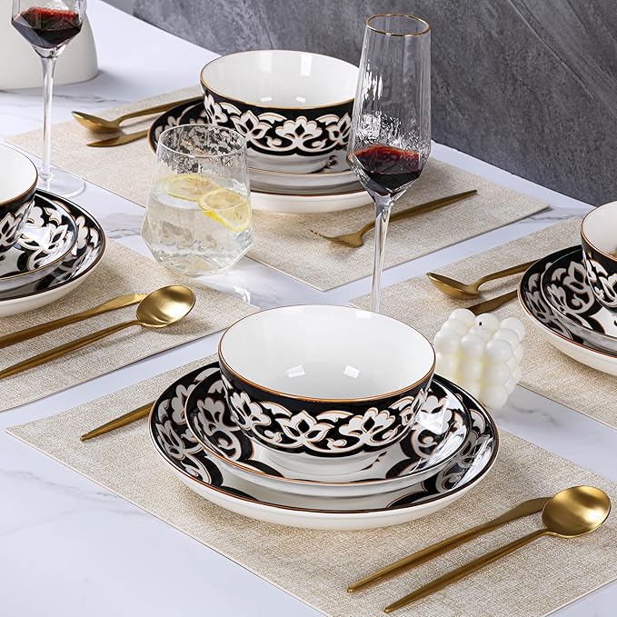 12 Pcs Porcelain Dinnerware Set for 4, Halloween-Themed Brown Floral Embossed Plates and Bowls, Euro Style Ceramic Dish Set with Gothic Vine Pattern, Dishwasher and Microwave Safe, QOMO-1996