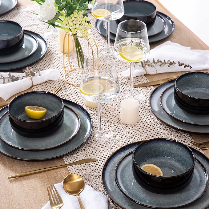 LERATIO Ceramic Plates Set of 6, 8.5 Inch Reactive Glaze Light Weight Porcelain Salad Plates,Modern Shape Dinnerware Dishes Set for Kitchen,Microwave&Dishwasher&Oven Safe,Resistant-Gray Blue