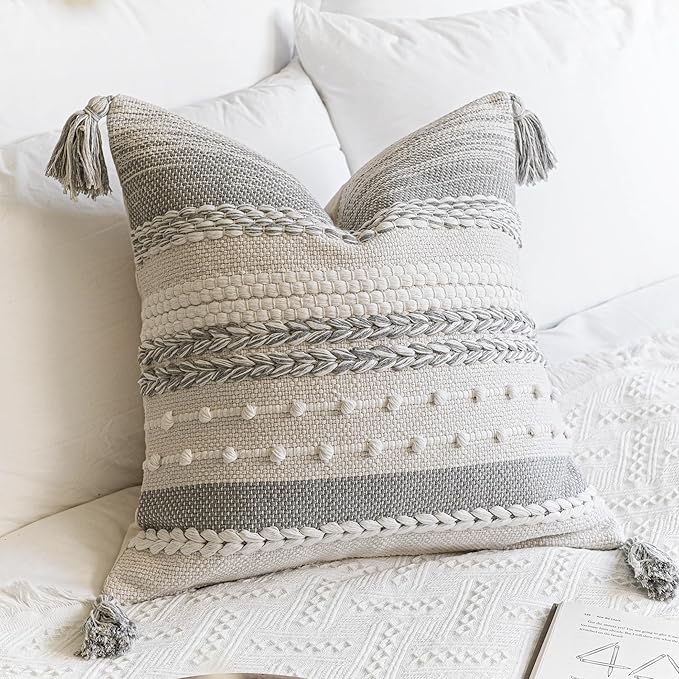 BlissBlush Gray Boho Decorative Throw Pillow Cover 20x20 Square Farmhouse Accent Cushion for Couch Sofa Livingroom Bedroom Pillowcase Modern Home Décor (Pack of 1)