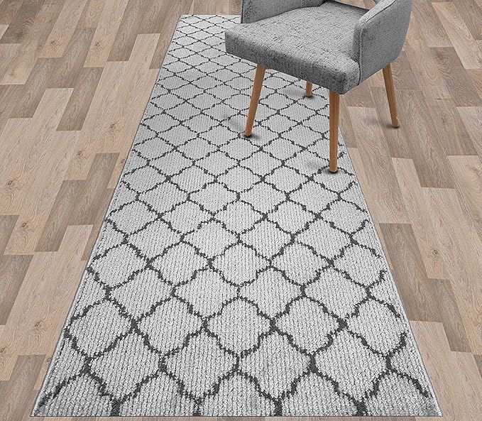 Custom Size Modern Runner Rug Carpet for Hallway Entryway Foyer Kitchen, Slip Resistant Latex Rubber Backed 31 inch Wide X Customized Length, Trellis Grey, 31 inch X 28 feet
