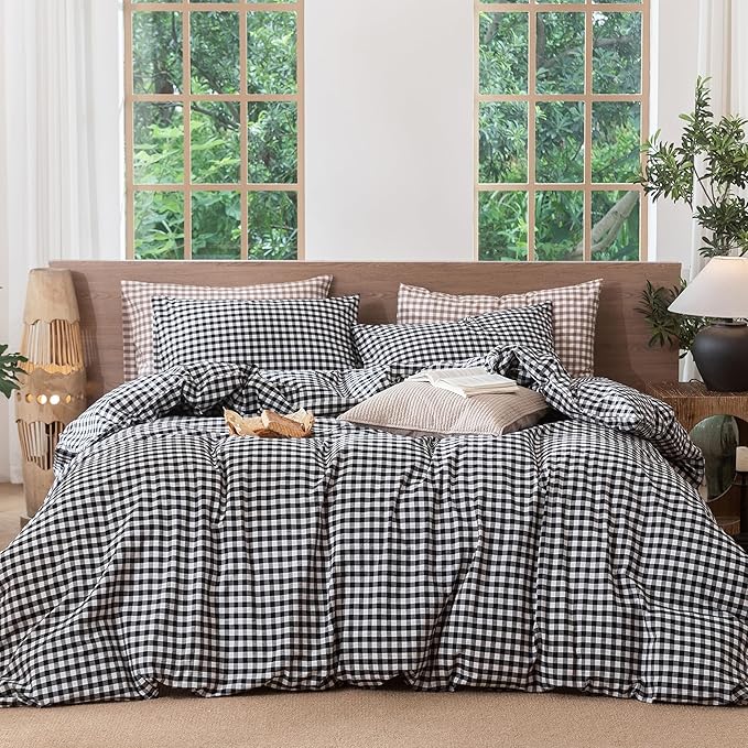 MooMee Gingham Duvet Cover Set 100% Washed Cotton Linen Like Textured Breathable Durable Soft Comfy Modern Checkered Design (Black White Gingham, Palatial King/Oversized King 120"x98")