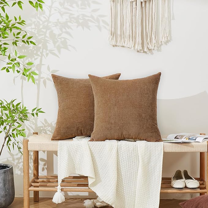 GAWAMAY Decorative Square Throw Pillow Covers 22x22 Inch Set of 2, Super Soft Chenille Pillows Farmhouse Fall Pillowcase for Living Room Bedroom Sofa Couch Cushion Cover Brown 55x55cm (No Inserts)