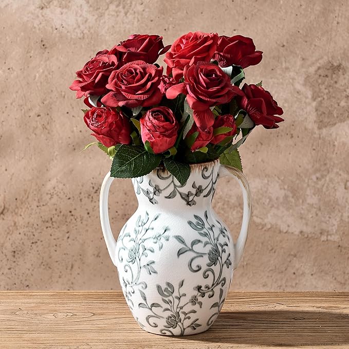 Gray and Beige Farmhouse Vintage Vase with 2 Handles, Chinoiserie Floral Vase, Rustic Ceramic Vases for Home Decor, Wedding, Living Room, Table, Shelf Decor - 8.3 Inch Tall