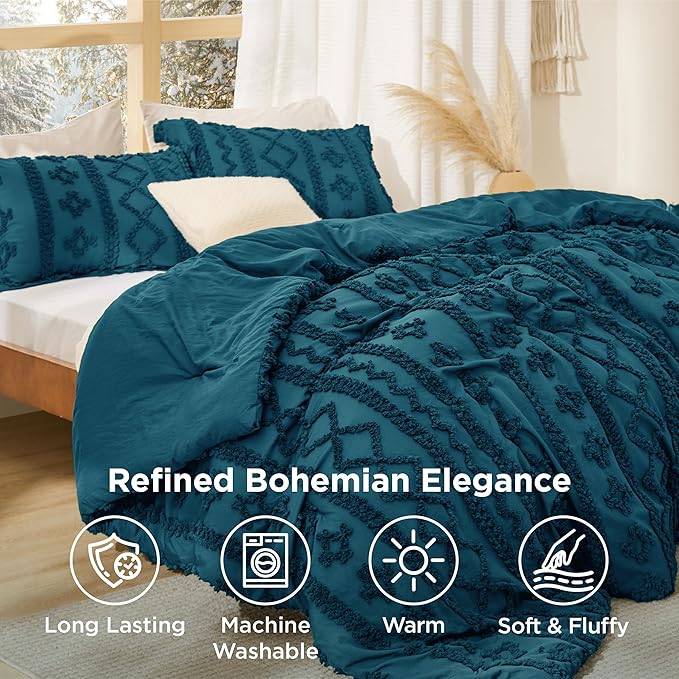 Bedsure Tufted Boho Comforter Set California King - Teal Boho Bed Set, GentleSoft 3 Pieces Farmhouse Shabby Chic Embroidery Bedding, Gifts for Woman, Soft Jacquard Comforter for All Seasons