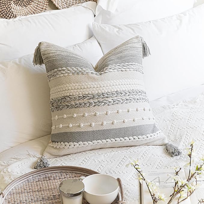 BlissBlush Gray Boho Decorative Throw Pillow Cover 18x18 Square Farmhouse Accent Cushion for Couch Sofa Livingroom Bedroom Pillowcase Modern Home Décor (Pack of 1)