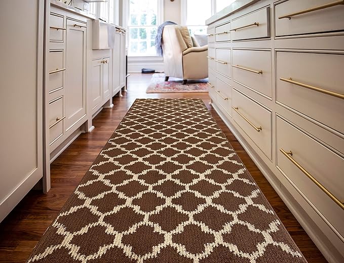 Custom Size Cut to Length Moroccan Trellis Design Runner Rug Mat For Wide Long Hallways with Non-Slip Rubber Backing, Better Traction for Pets, Prevent Slippage, Trellis Brown, 31 inch X 11 feet