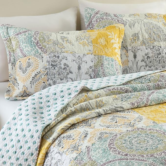 Secgo Queen Comforter Set for Bed - 100% Cotton Quilts Queen Size, Black Bedspreads (90 * 98 Inch) with 2 Pillow Shams, Patchwork Reversible Lightweight Bedding