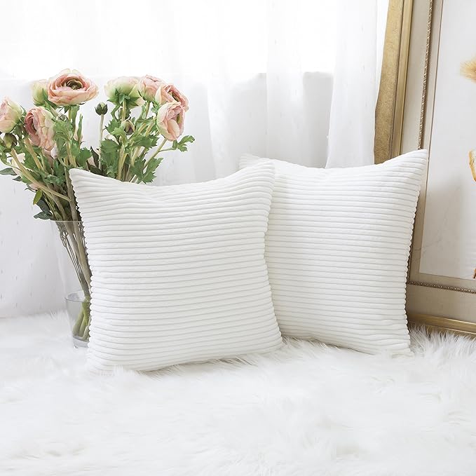 Home Brilliant Decorative Pillow Covers 18x18 Supersoft Striped Velvet Throw Pillow Covers Set of 2 Cushion Cover for Chair, 18 x 18 inch, Pure White