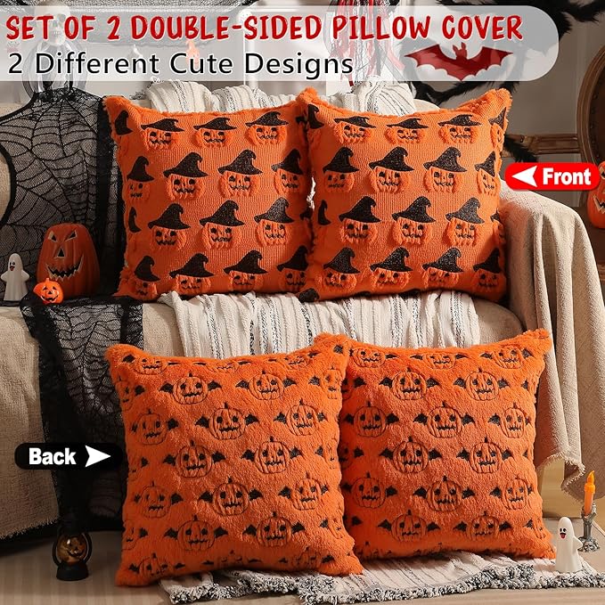 Halloween Decorations Set of 2 Double-Sided Halloween Pillow Covers 16" x 16", with 2 Different Looks, Pumpkin Bat & Pumpkin with Hat, Plush Faux Fur Throw Pillow Covers for Home Decor