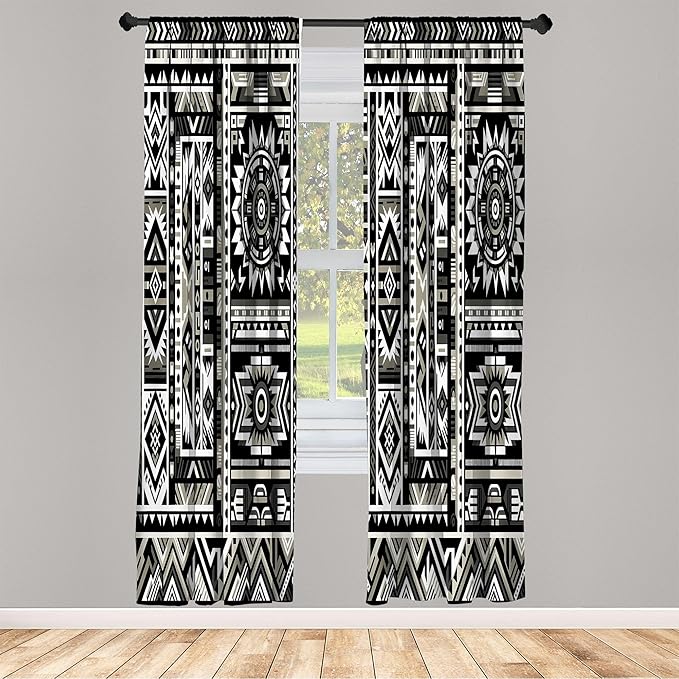 Ambesonne Southwestern Window Curtains, Monochrome Colors Design with Zigzags Arrows and Cultural Motifs, Lightweight Decor 2-Panel Set with Rod Pocket, Pair of - 28" x 63", Charcoal Grey Pale Sepia