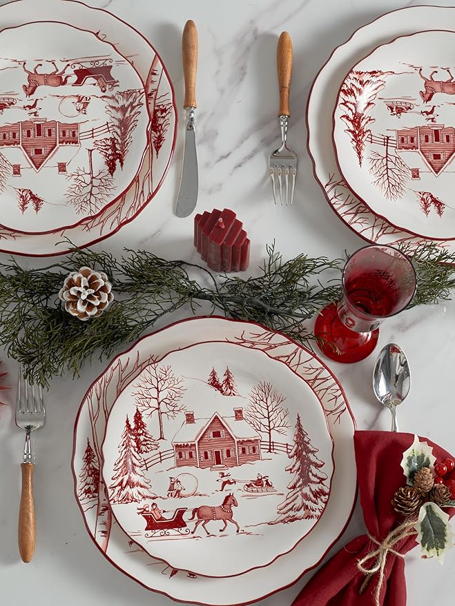 Bico Toile De Jouy Winter Wonderland Scalloped Dinner Plates, Ceramic, 11 inch, Set of 4, for Pasta, Salad, Maincourse, Microwave & Dishwasher Safe