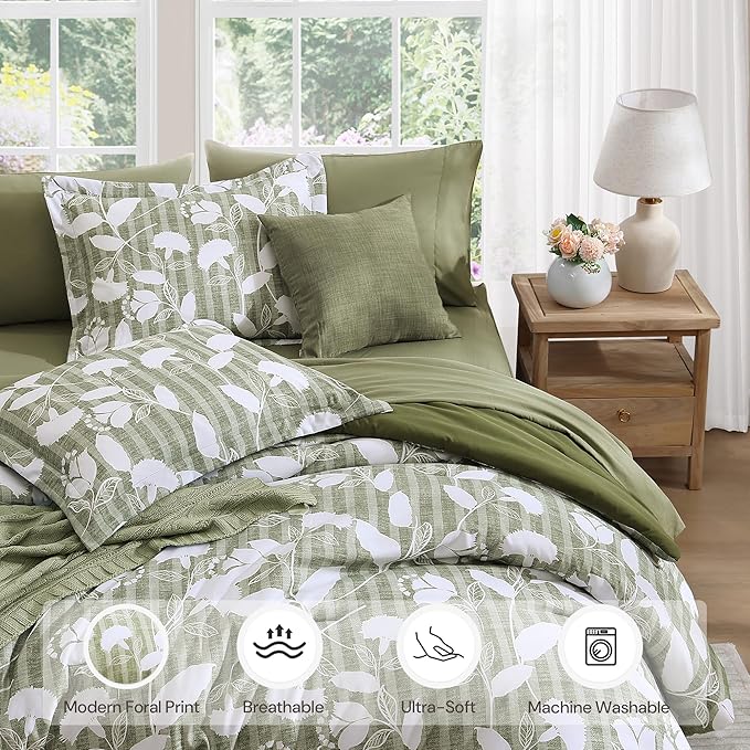 Full Comforter Set -7 Pieces Botanical Olive Green Comforter Set for All Seasons, Bed in a Bag Full with Flowers Floral Comforter, Sheets, Pillowcases & Shams