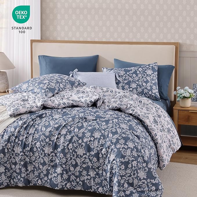 Full Comforter Set -7 Pieces Floral Oxford Blue Comforter Set for All Seasons, Bed in a Bag Full with Botanical Flowers Comforter, Sheets, Pillowcases & Shams