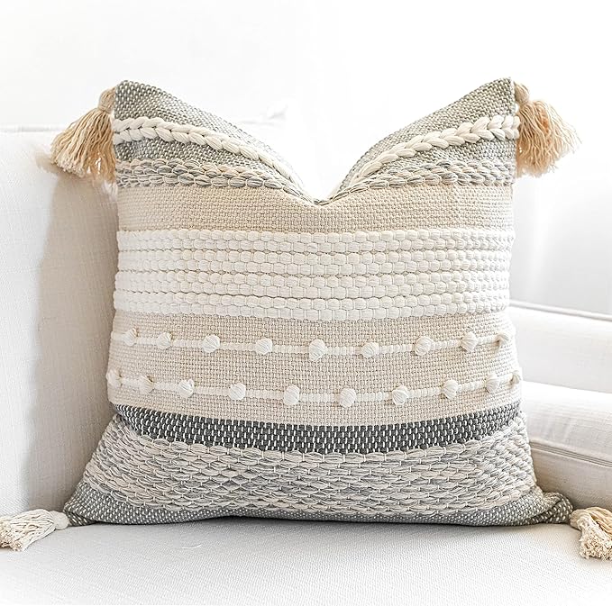 BlissBlush Gray Boho Throw Pillow Cover 22x22, Grey Decorative Accent Pillow for Couch, Square Woven Textured Pillowcase, Modern Farmhouse Pillow for Bed, Bohemian Pillow Cover (Pack of 1)