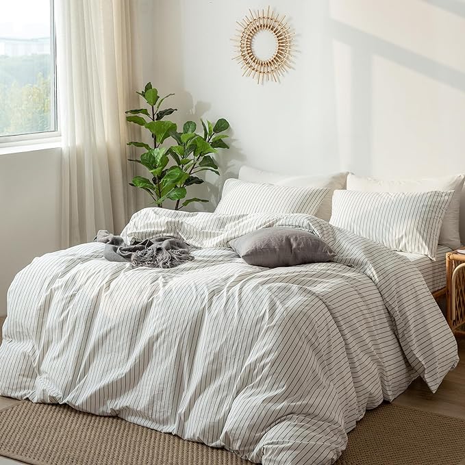 MooMee Striped Duvet Cover Set 100% Washed Cotton Linen Like Textured Breathable Durable Soft Comfy (White Dark Grey Wide Stripes, Alaska King 132"x120")