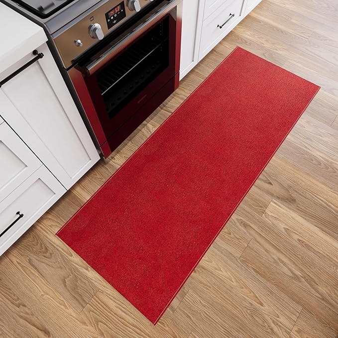 Ottomanson 2' x 8' Ultra-Thin Hallway Runner Rug - Durable Non-Slip Carpet for High-Traffic Areas - Fits Under Doors for Seamless Entry - Ideal for Kitchen, Entryway, Bedroom & Living Room, Red