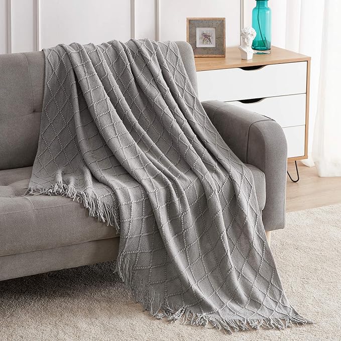 BOURINA Light Grey Throw Blanket 50x60 Inches Throw Textured Solid Soft Sofa Couch Decorative Knit Blanket