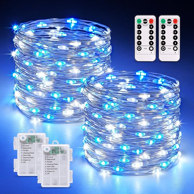JMEXSUSS 2 Pack 100 LED Blue and White Fairy Lights Battery Operated, 33ft Blue and White Christmas Lights with Remote, 8 Modes Battery Powered Twinkle String Lights for Bedroom Christmas Tree Decor