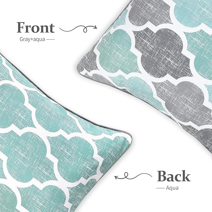 Beauoop Pack of 2 Throw Pillow Cases Covers for Couch Bed Sofa Farmhouse Double Sided Printed Colorful Geometric Trellis Moroccan Pattern Lumbar Pillow Covers, 12 X 20 Inches, Aqua Gray
