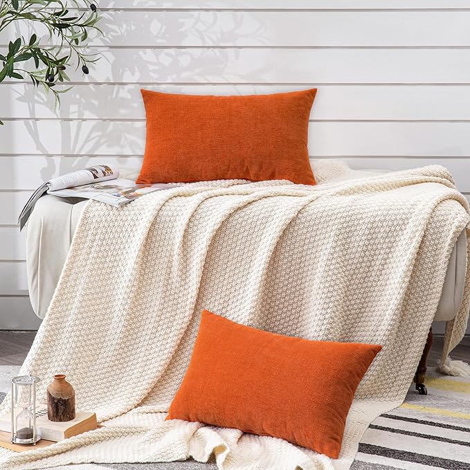 GAWAMAY Lumbar Pillow Decorative Rectangle Throw Pillow Covers 12"x20" Inch Set of 2, Super Soft Chenille Pillowcase for Living Room Bedroom Sofa Couch Cushion Cover Burnt Orange 30x50cm (ONLY COVERS)