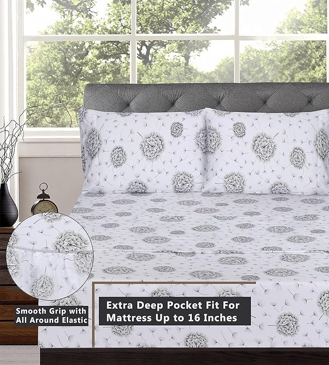 RUVANTI 100% Cotton Split King Sheets Sets for Adjustable Bed, 5 PCs, Soft & Breathable Percale Weave Bedding, Deep Pocket 16", Hotel Standard, Crisp Cool Feel & Durable, Floral Sheet, Dandelion