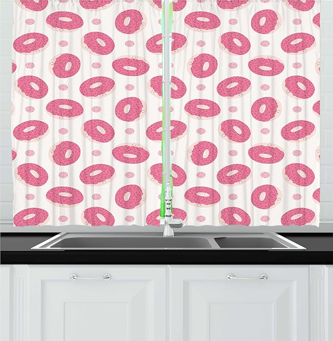 Lunarable Donut Kitchen Curtains, Continuous Kawaii Style Cartoon Smiling Bakery Food Dessert with Sprinkles, Window Drapes 2 Panel Set for Kitchen Cafe Decor, 55" x 30", Pink Pale Eggshell