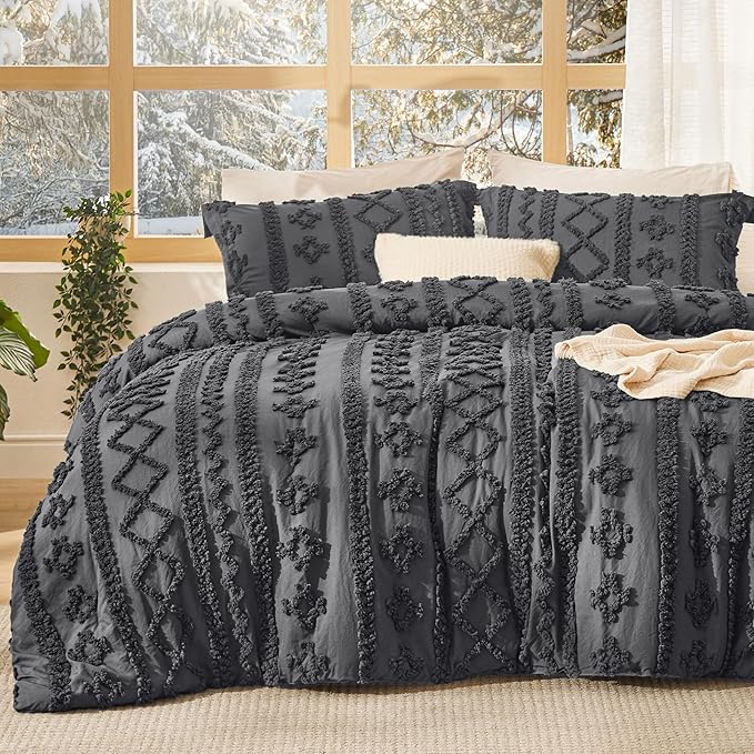 Bedsure Tufted Boho Comforter Set Queen Size - Dark Grey Boho Bed Set, GentleSoft™ 3 Pieces Farmhouse Shabby Chic Embroidery Bedding, Gifts for Woman, Soft Jacquard Queen Comforter for All Seasons