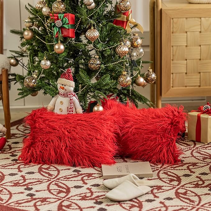Home Brilliant Pillow Covers 12x20 Rectangle Super Soft Fluffy Faux Fur Oblong Lumbar Throw Pillow Cover for Bed Christmas, Set of 2, 12x20 inch, Red