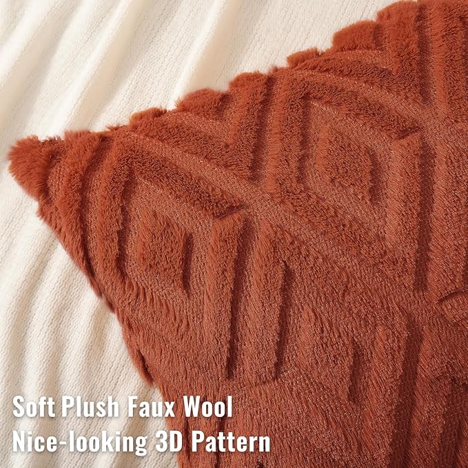 decorUhome Fall Couch Throw Pillow Covers 18x18 Set of 2, Decorative Soft Plush Faux Wool Neutral Accent Pillow Covers for Bed Sofa Living Room, Rust