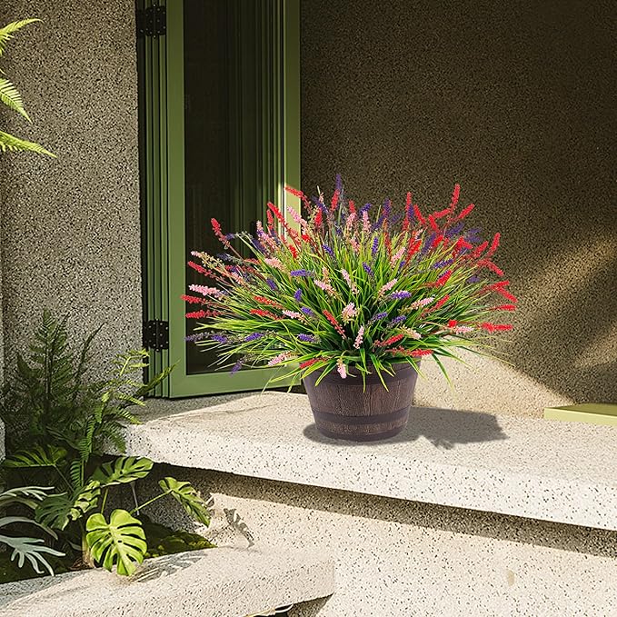 Artificial Faux Plants Flowers for Outdoor Decorations, Fake Monkey Grass for Outside Porch Patio, No Fade Realistic Greenery Plant, UV Resistant Artificial Bush Shrubs for Courtyard Window Garden