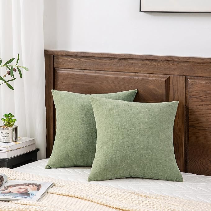 GAWAMAY Decorative Square Throw Pillow Covers 22"x22" Inch Set of 2, Super Soft Chenille Pillows Farmhouse Fall Pillowcase for Living Room Bedroom Sofa Couch Cushion Cover Sage Green 55x55cm