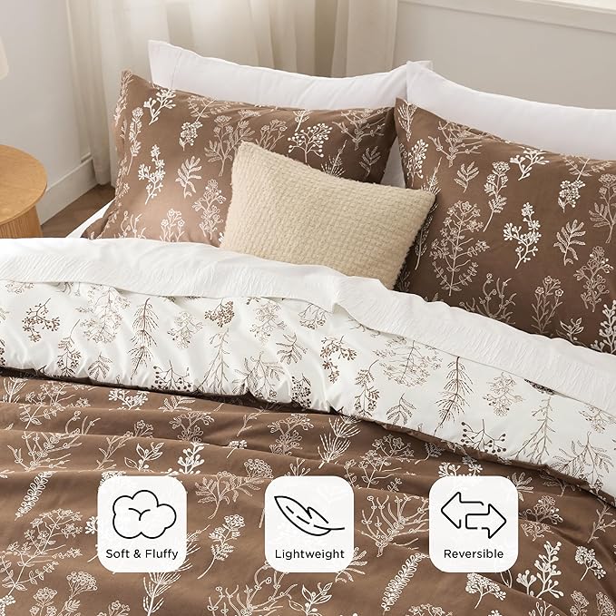 Bedsure Queen Comforter Set - Brown Bed Set, 3 Pieces Cute Floral Bedding, 1 Soft Reversible Botanical Flowers Comforter and 2 Pillow Shams