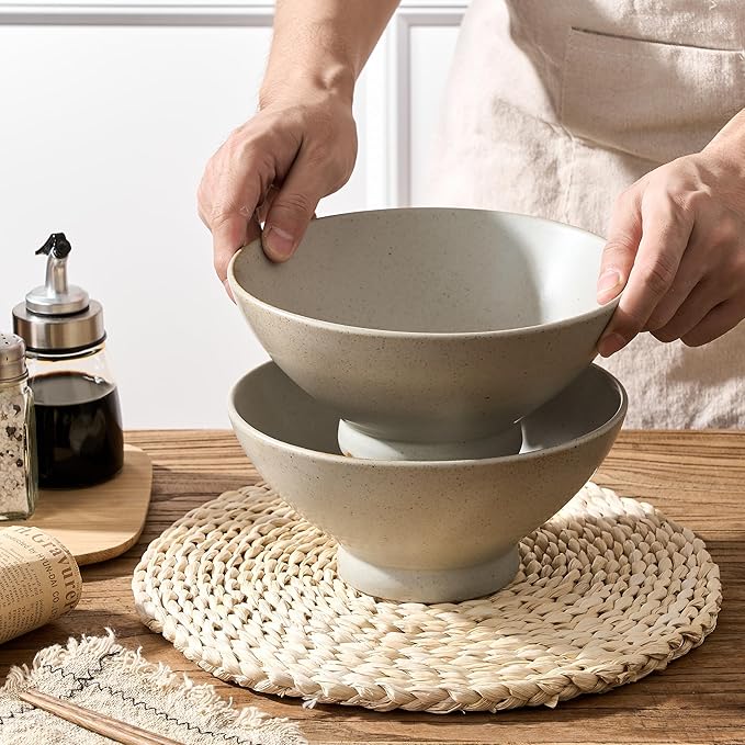 Ceramic Japanese Ramen Bowl Set, 8 Inch Large Noodle Bowl Set of 2, Dishwasher Safe for Asian Pho Udon Soba Noodle, Salad Pasta, Deep Soup Bowls, Speckled Light Gray