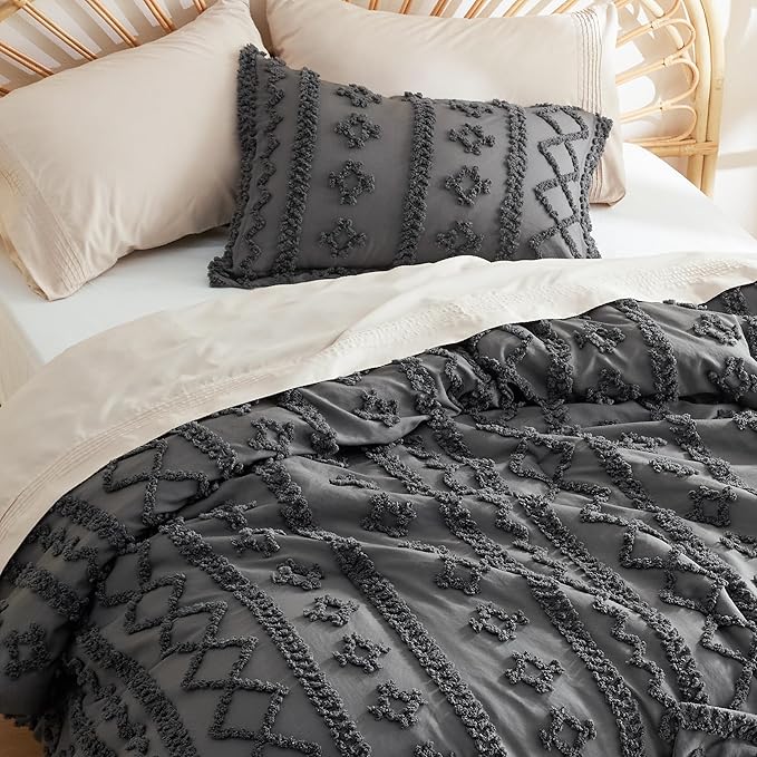 Bedsure Tufted Boho Comforter Set Queen Size - Dark Grey Boho Bed Set, GentleSoft™ 3 Pieces Farmhouse Shabby Chic Embroidery Bedding, Gifts for Woman, Soft Jacquard Queen Comforter for All Seasons
