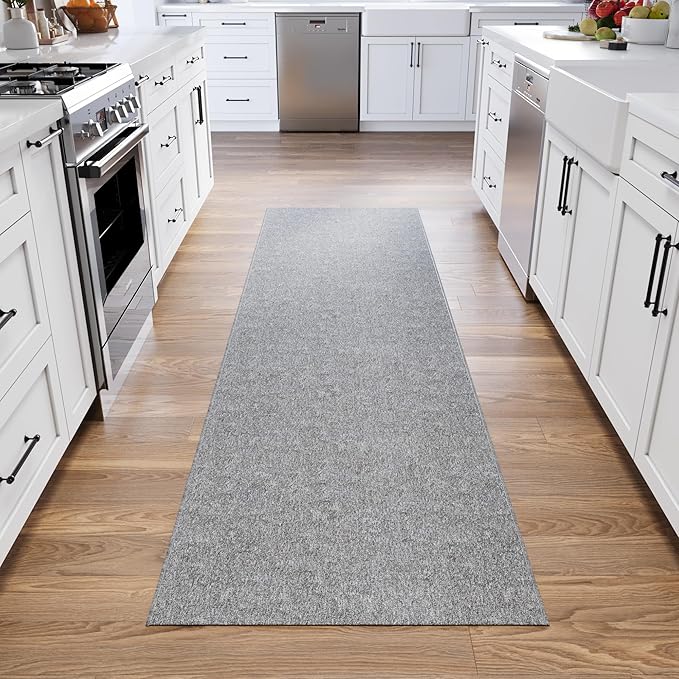 Ottomanson 2' x 24' Ultra-Thin Hallway Runner Rug - Durable Non-Slip Carpet for High-Traffic Areas - Fits Under Doors for Seamless Entry - Ideal for Kitchen, Entryway, Bedroom & Living Room, Gray
