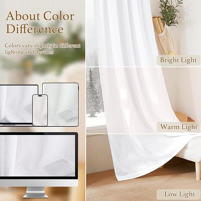 RYB HOME Semi Sheer Curtains 95 inches Long, Thick Privacy Added Line Wave Textured Window Treatments for Living Room Bedroom Sliding Door, White, W 52 x L 95, 2 Panels