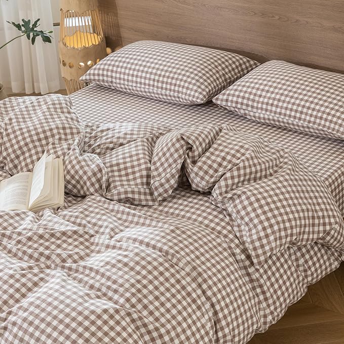 MooMee Gingham Duvet Cover Set 100% Washed Cotton Linen Like Textured Breathable Durable Soft Comfy Modern Checkered Design (Brown Gingham, King 104"x90")
