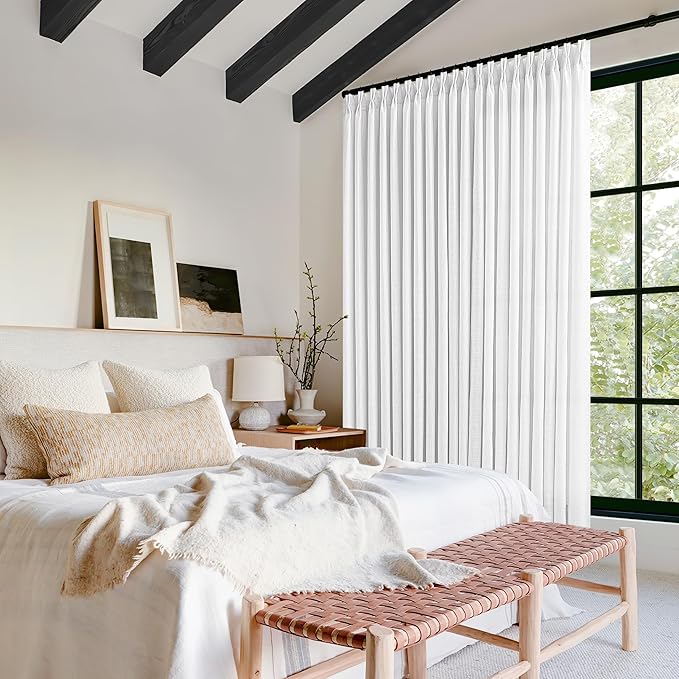 Extra Wide Pinch Pleated Linen Curtains 84 Inches Long 100 Inch Width for Living Room Bedroom Light Filtering Semi Sheer Pleat White Window Curtain Boho Pinch Pleated Drape Hooks Rings 1 Panel 100x84