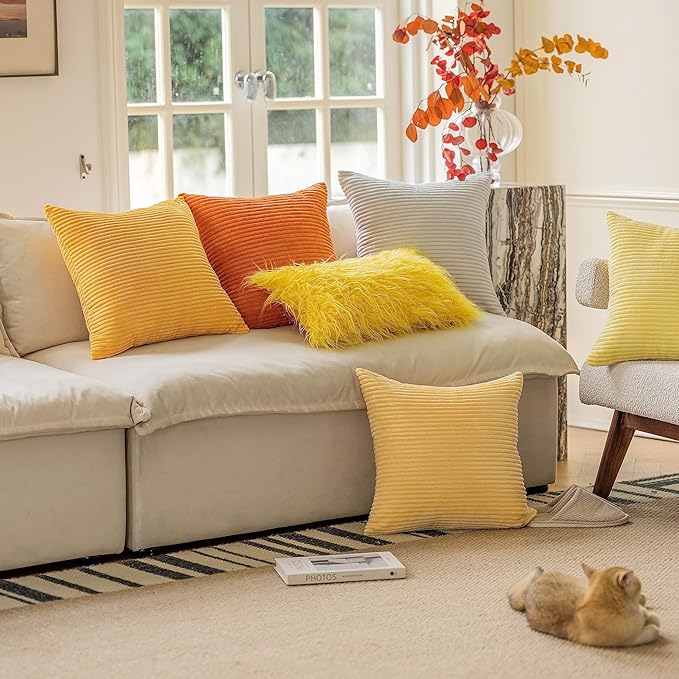 Home Brilliant Yellow Euro Sham Super Soft Pillow Cover 26x26 Striped Corduroy Large Throw Pillow for Living Room Fall Winter Decor, 26 x 26 Inch (66cm), Sunflower