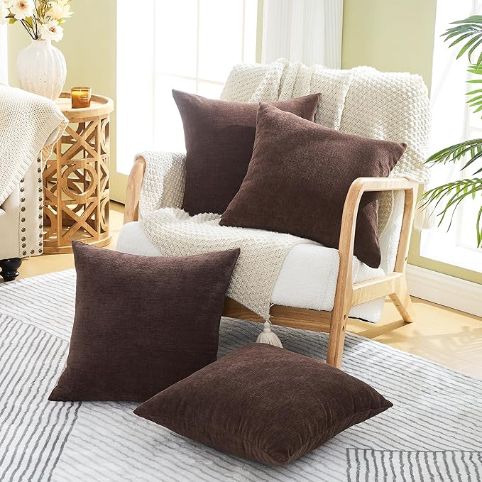 GAWAMAY Decorative Square Throw Pillow Covers 18x18 Inch Set of 4, Super Soft Chenille Pillows Cover Fall Pillowcase for Living Room Bedroom Sofa Couch Cushion Cover Coffee 45x45cm (No Insert)