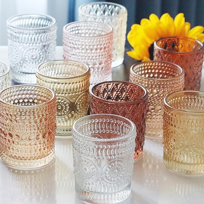 12 pcs Glass Votive Candle Holders, 6 Colors 3 Patterns Tealight Candle Holders for Fall Wedding Table Centerpiece Birthday Decoration