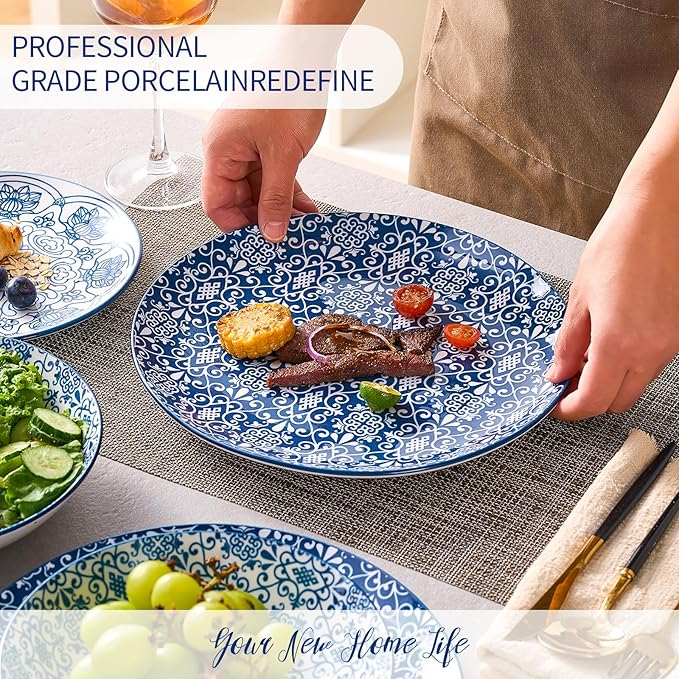 Bestone Porcelain Dinnerware Sets Service for 4, 12 pcs Hand drawn Plates and Bowls Sets, Handmade Ceramic Dish Set, Chip Resistant Modern Plate Set, Dishwasher/Microwave Safe，Vintage Blue