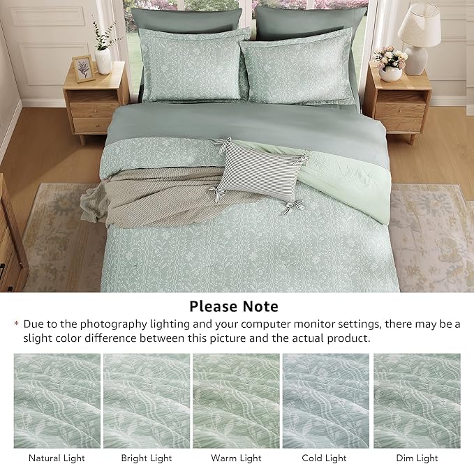 Full Comforter Set -7 Pieces Green Floral Comforter Set for All Seasons, Bed in a Bag Full with Botanical Flowers Comforter, Sheets, Pillowcases & Shams